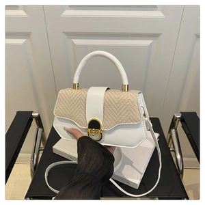 Detail of white leather and beige woven handbag with gold oval twist lock and slim strap