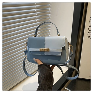 Detail of light blue patchwork leather bag featuring a gold twist lock and a top handle