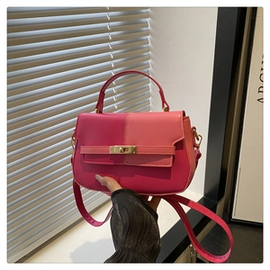 Detail of two-tone pink handbag featuring gold metal lock and adjustable shoulder strap