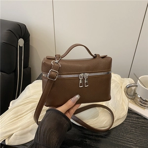 Petit Sac à Épaule Femme Minimaliste en Cuir PU Motif Litchi Double Fermeture Éclair Argentée Sac à Main Bandoulière