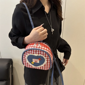 Cute red plaid round crossbody bag with denim heart patch and sweet cherry embroidery