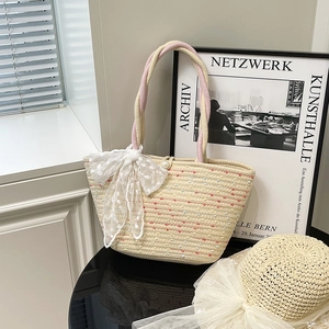 Handmade Woven Straw Tote Bag With Lace Bow Artificial Pearl Buckle Large Capacity Shoulder Underarm Bag For Women Summer Beach Vacation