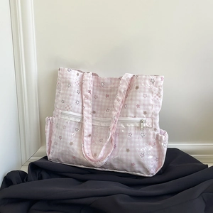 Japanische Gingham Leinwand Umhängetasche Stern Druck Große Kapazität Tragetasche Mit Transparenter Tasche Preppy Schultasche Für Damen