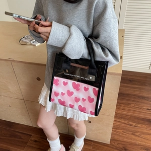 Borsa tote in tela con cuori carini in rosa e nero per trucco e accessori da viaggio