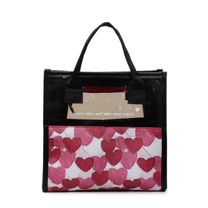 Borsa da trucco in tela con cuori rossi e finestra trasparente in PVC per cosmetici