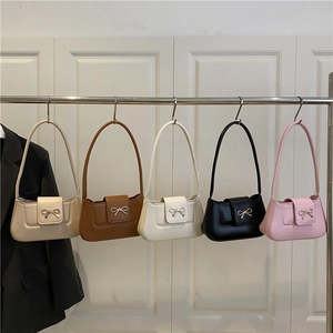 Fashionable baguette shoulder bags with gold bow buckle in five elegant colors