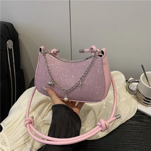 Sac Sous le Bras à Paillettes pour Femmes Sac Hobo Brillant en Cuir PU Chaîne en Métal Pendentif Künstliche Perle Sac à Main de Soirée pour Mariage