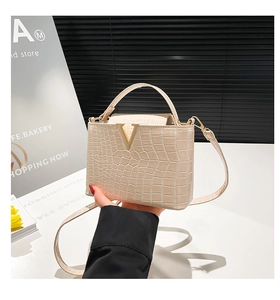 Detail of cream crocodile pattern handbag featuring a gold V-shaped metal buckle and handle