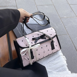 Women Sweet Pleated Bowknot Shoulder Bag Japanese Style Rabbit Print PU Leather Y2K Bowling Handbag Fashion Satchel Bag