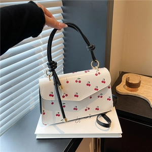 Sac à Bandoulière Petit Carré en Cuir PU Imprimé Cerise Pour Femmes Poignée à Nœud Douce Sacoche Croisée Mode Quotidienne