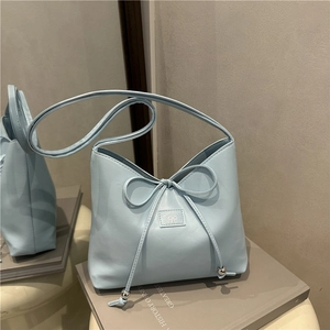 Minimalist PU Leather Underarm Shoulder Bag For Women Trendy Bow Drawstring Small Tote Bag Casual Commuter Handbag