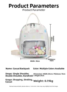 Detaillierte Größenangaben für eine beige Ita-Bag mit Sternmuster und Klarsichtfenster