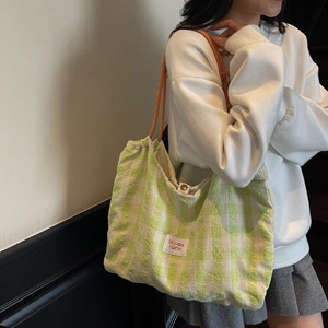 Borsa tote in tela a quadretti verdi con coulisse e grande capacità per il pendolarismo