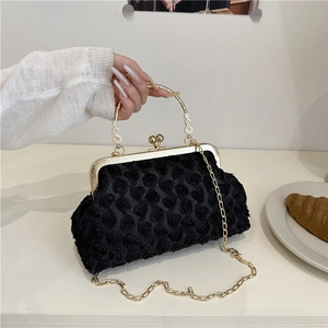 Damen Elegant 3D Rosenblüten Abendtasche Vintage Nylon Handtasche Mit Metallgriff Metall Kussverschluss Umhängetasche Mit Kette