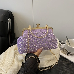Women's 3D Floral Artificial Pearl Evening Clutch Bag With Metal Handle Gold Chain Retro Rose Lace Handbag For Party Wedding Banquet