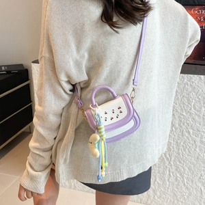 Cute purple and white cherry print mini crossbody bag for girls with cloud plush charm
