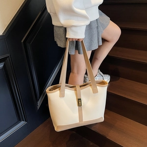 Sac Fourre-tout en Cuir PU de Grande Capacité pour Femmes Sac à Épaule Mode Surpiqûres Contrastées avec Verrou en Métal