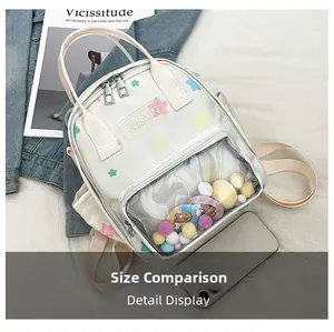Größenvergleich eines weißen Rucksacks mit Sternenmuster, Sichtfenster und bunten Pompons