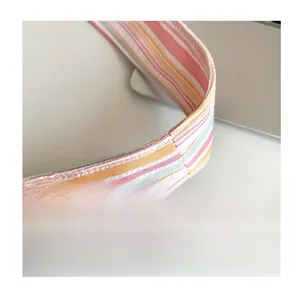Détail de la bandoulière tissée aux rayures arc-en-ciel avec une texture de qualité