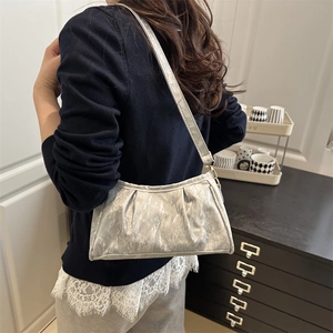 Silver metallic pleated cloud underarm bag with slim shoulder strap for fashion women
