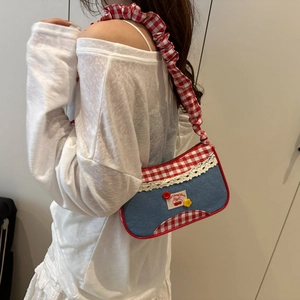 Y2K ballet style blue denim underarm bag with cherry embroidery and red plaid trim