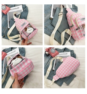 Pink checkered canvas chest bag with transparent window and cute plush puppy charm