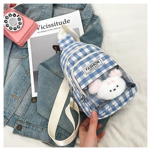Blue and white checkered crossbody bag with cute doll in a transparent PVC pocket