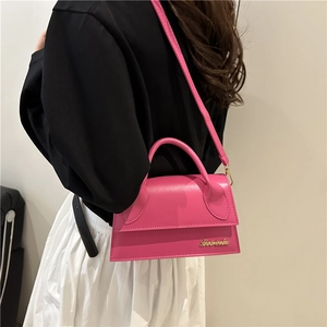 Fuchsia pink mini crossbody bag with top handle and gold logo metal plaque in a chic style