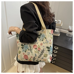 Detailed view of jacquard tote bag with floral patterns on a stylish shoulder bag