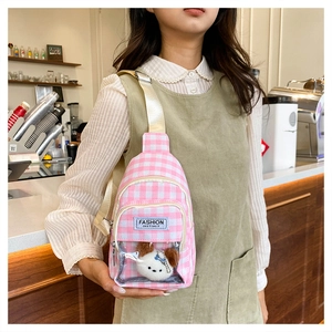 Detailed shot of pink plaid crossbody bag featuring a clear window with a cute plush puppy