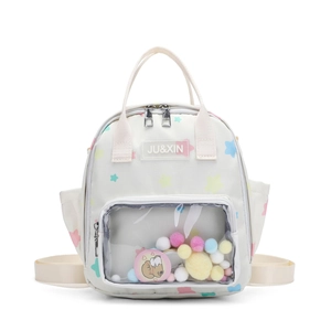 Japanischer Rucksack aus cremefarbener Leinwand mit Sternenmuster und Klarsichtfach