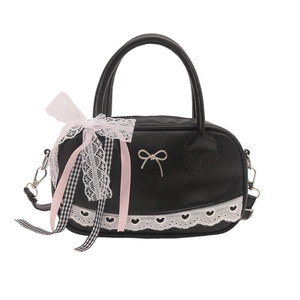 Chic black lace Boston bag with silver bow accent and cute heart trim details