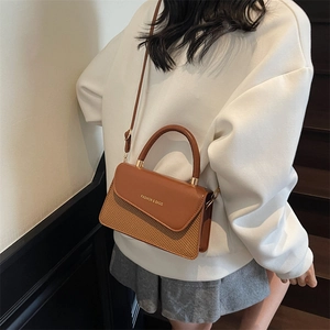 Brown patchwork crossbody bag featuring woven texture and fashion logo for women