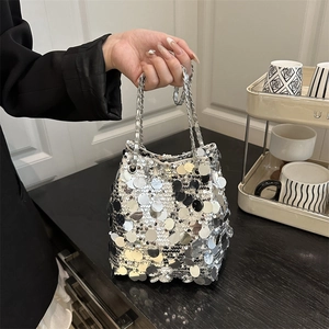 Shiny Large circular Sequins Bucket Bag For Women Trendy Chain Shoulder Crossbody Bag Evening Party Handbag Fashion Purse
