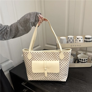 Large Capacity PU Leather Tote Bag Vintage Geometric Pattern Shoulder Bag With Front Flap Pocket For Women Casual Daily Underarm Bag