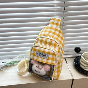 Korean Style Plaid Canvas Chest Bag For Women Girls Clear PVC Pocket With Plush Doll Decorative Shoulder Sling Bag Daily