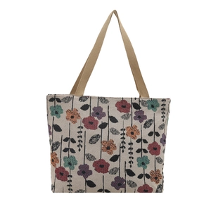 Large floral canvas tote bag with abstract jacquard pattern and woven handles