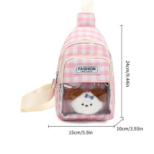 Pink checkered crossbody chest bag for girls with cute puppy doll in a transparent pocket