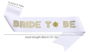 White glitter sash for bride to be party showing size 9.5cm width and 80cm length