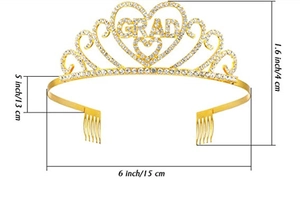 Detailed view of gold GRAD tiara with white rhinestones and size dimensions