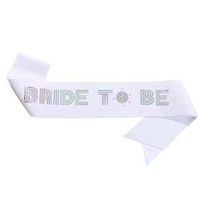 White glitter Bride to be sash with holographic silver lettering for bridal party