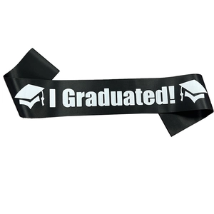 Elegant black satin I Graduated sash with white lettering and doctoral cap icons