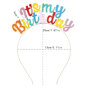 Dimensioni dettagliate del cerchietto colorato 'IT'S MY BIRTHDAY' per feste di compleanno