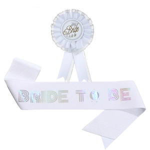 White Bride To Be sash and badge set with rose gold lettering for bachelorette parties