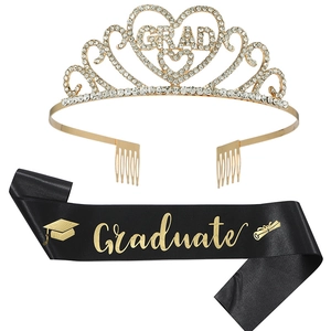 Golden rhinestone GRAD crown and black satin Graduate sash set for graduation party