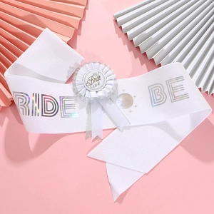 White satin Bride To Be sash and matching rosette set with laser silver lettering