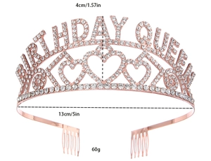 Detailed dimensions of rose gold Birthday Queen rhinestone tiara with heart design