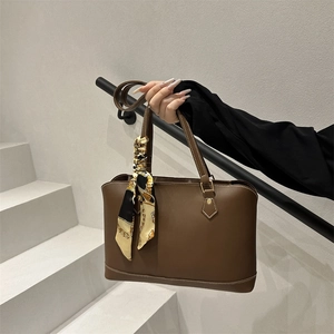 Women Large Capacity PU Leather Tote Bag Fashion Contrast Stitching Shoulder Bag With Silk Scarf Decoration For Daily Commute