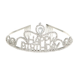 Detail of silver birthday crown with sparkling rhinestones and HAPPY BIRTHDAY lettering