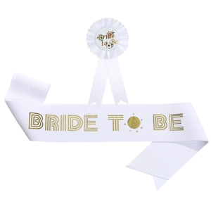White and gold Bride To Be sash and floral badge set for bachelorette party decor